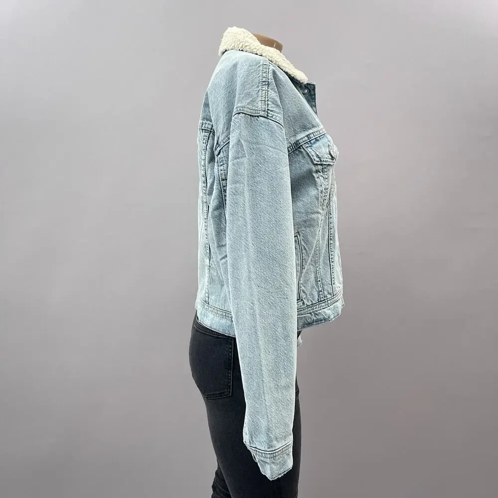 NWT American Eagle Sherpa Denim Trucker Jacket Blue Women's Size Medium - Picture 6 of 14